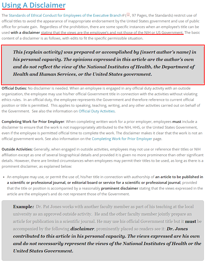 NIH Ethics: Using a Disclaimer page excerpt