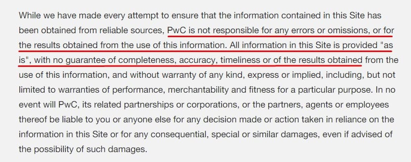 PwC Legal Disclaimer: Errors and omissions as-is section highlighted