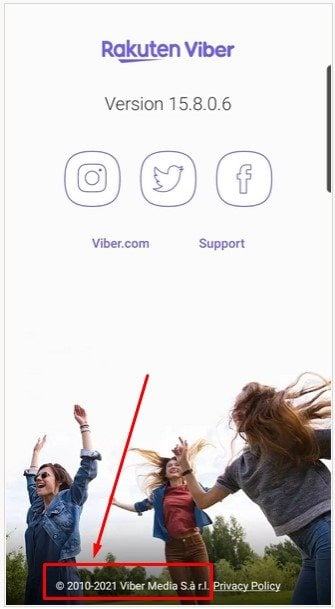 Rakuten Viber mobile app screen with copyright notice highlighted