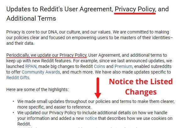 Screenshot of Reddit Privacy Policy updates email