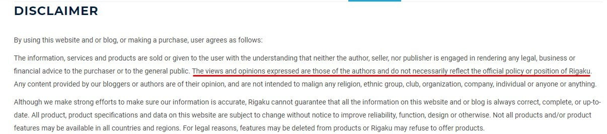 Rigaku Disclaimer excerpt with views expressed disclaimer section highlighted