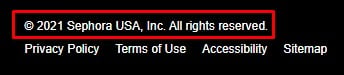 Sephora website footer with copyright notice highlighted