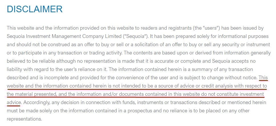 Sequoia Investment Disclaimer: Investment advice section highlighted