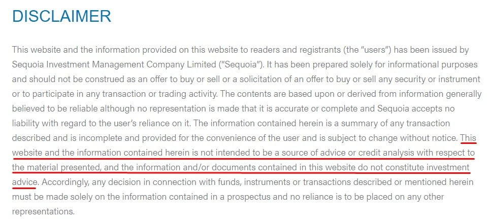 Sequoia Investment Disclaimer: Investment advice section highlighted