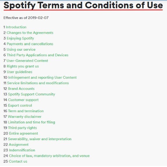 Spotify Terms and Conditions of Use Table of Contents updated
