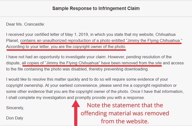 Stanford University Sample Response to Infringement Claim letter screenshot