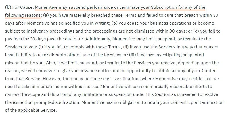 SurveyMonkey Terms of Use: Suspension and Termination of Services clause from company excerpt