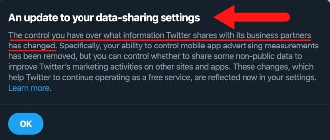 Twitter Update to your data-sharing settings popup notice