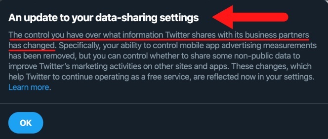 Twitter Update to your data-sharing settings popup notice