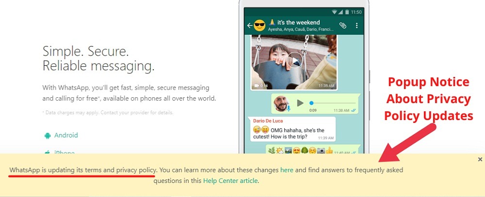 WhatsApp popup notice for Privacy Policy updates