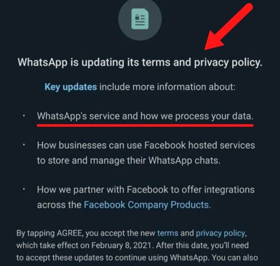 WhatsApp updating terms and Privacy Policy notice with Agree for consent