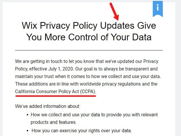 Screenshot of Wix Privacy Policy Updates email