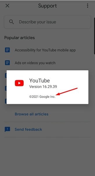 YouTube mobile-app about screen with copyright notice highlighted