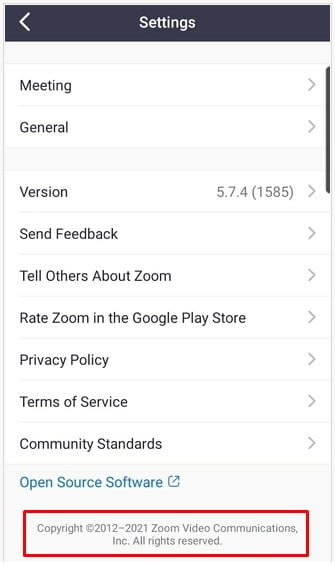 Zoom mobile app Settings menu with copyright notice highlighted