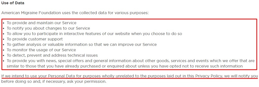 American Migraine Foundation Privacy Policy: Use of Data clause