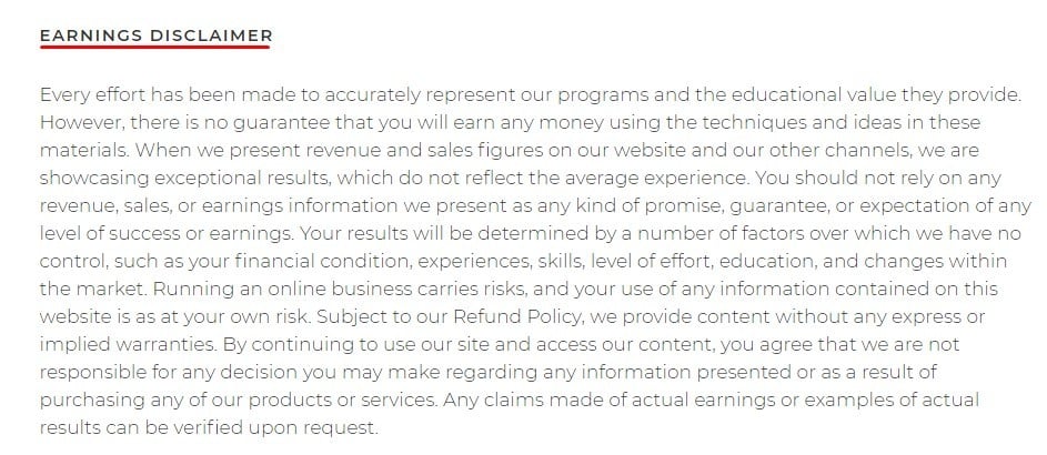 Amy Porterfield Earnings Disclaimer updated