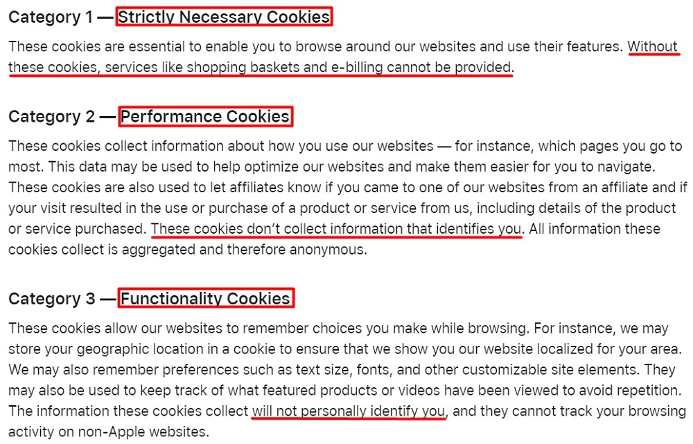 Apple Use of Cookies: Categories section