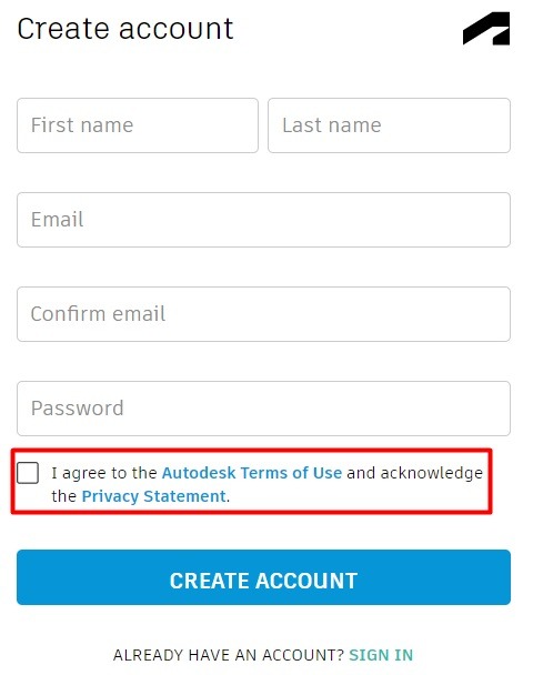 Autodesk Create Account form with Agree checkbox highlighted