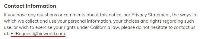 BIC Privacy Policy: Contact Information clause