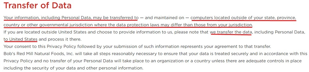 Bobs Red Mill Privacy Policy: Transfer of Data clause