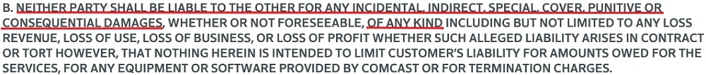 Comcast Enterprise Services General Terms and Conditions: Limitation of Liability clause excerpt