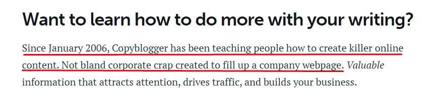 Copyblogger About page bland corporate crap statement highlighted