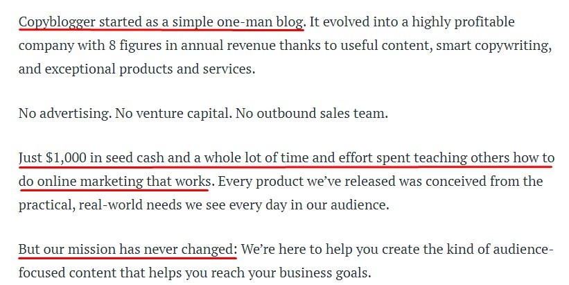 Copyblogger About page company history section highlighted