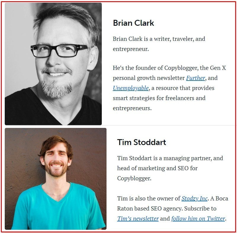 Copyblogger About page employee profiles section