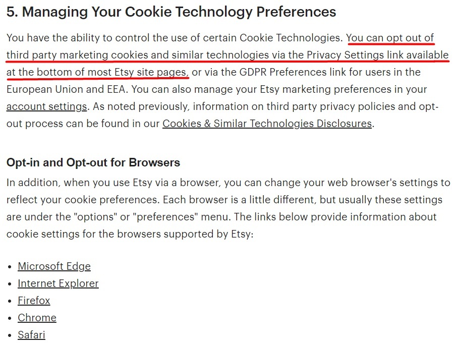 Etsy Cookies and Similar Technologies Policy: Managing Your Cookie Technology preferences and Opt-in and Opt-out for browsers sections