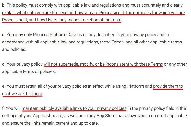 Facebook for Developers: Platform Terms - Privacy Policy clause excerpt