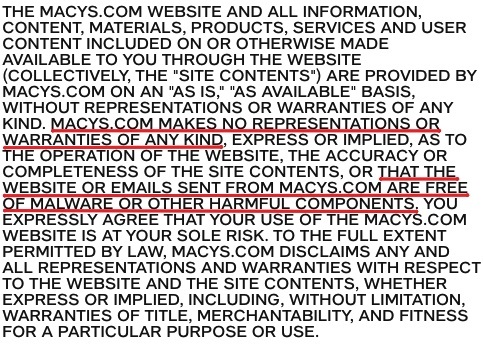 Macys Terms of Use Legal Notice: Warranty disclaimer clause