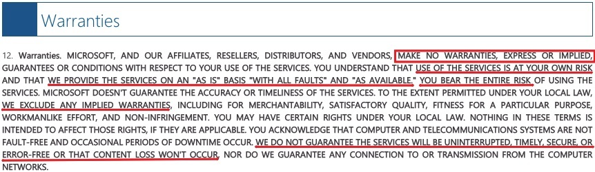 Microsoft Services Agreement: Warranties clause