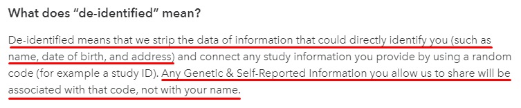 23andMe Individual Data Sharing Consent: De-identified definition clause