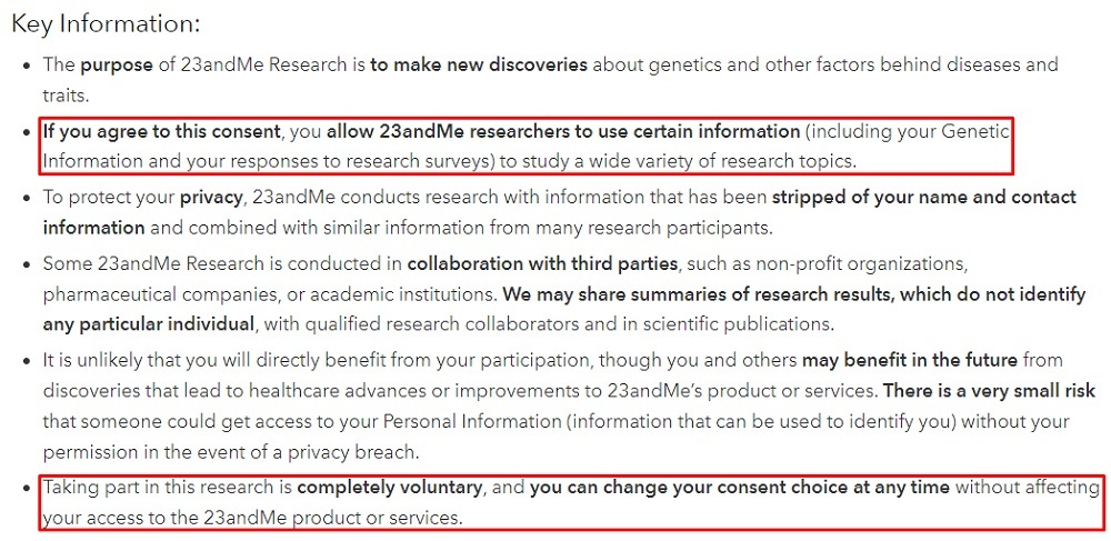 23andMe Research Consent Document: Key Information Section