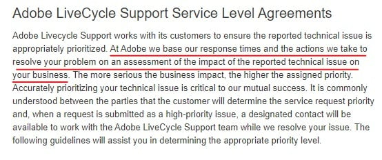 Adobe LiveCycle Support SLA: Intro section with Response time section highlighted