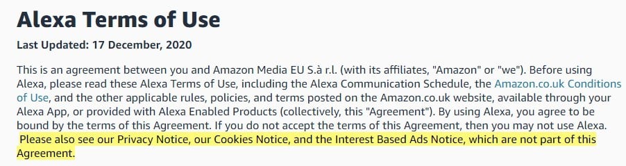 Amazon Alexa Terms of Use: Other agreements section highlighted