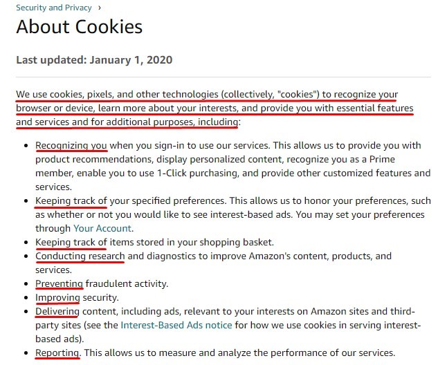 Amazon Cookie Notice: How we use cookies clause excerpt