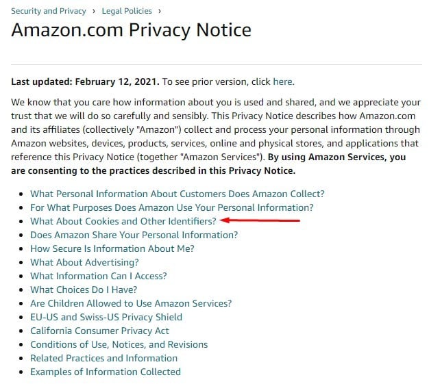 Amazon Privacy Notice Table of contents with Cookies section highlighted