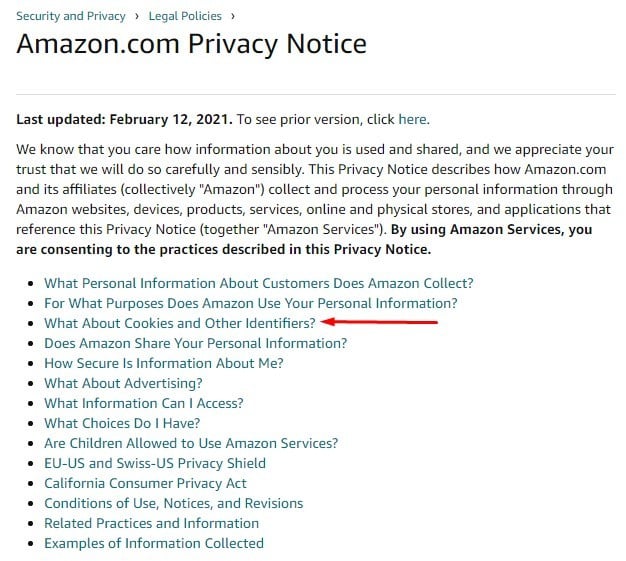 Amazon Privacy Notice Table of contents with Cookies section highlighted