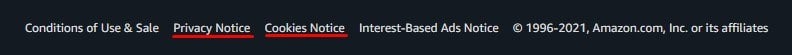 Amazon UK website footer with Privacy and Cookies notices links highlighted
