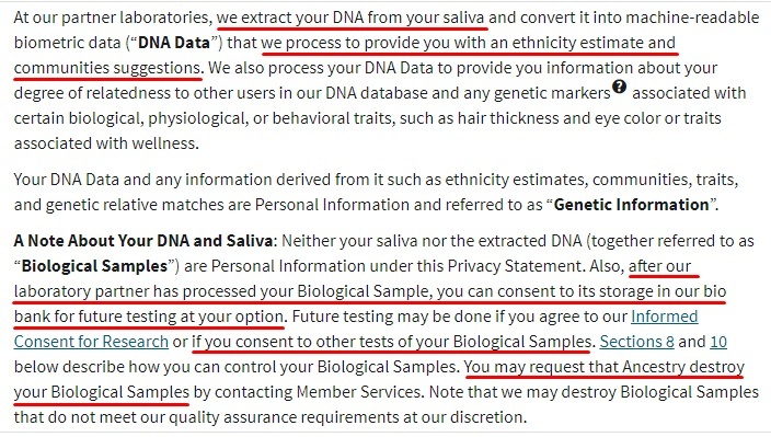 Ancestry Privacy Statement: DNA and Saliva section excerpt