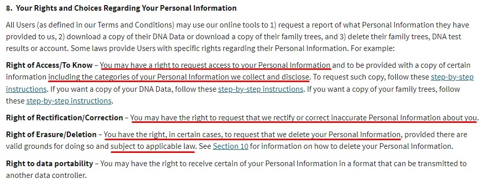 Ancestry Privacy Statement: Your Rights and Choices Regarding Your Personal Information clause