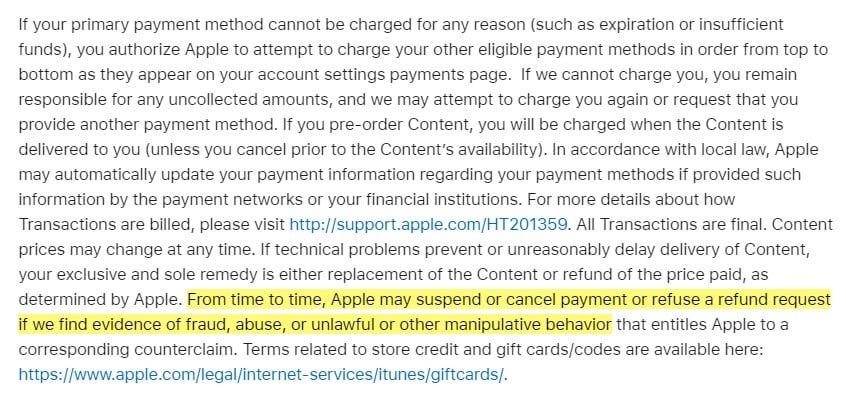 Apple iTunes Terms and Conditions agreement: Payments Taxes and Refunds clause - Refuse refund request section highlighted