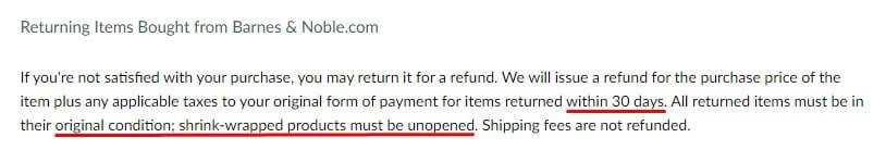 Barnes and Noble Refund and Returns Policy for website sales with 30 days return window and return conditions highlighted