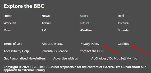 BBC website footer with Privacy Policy and Cookies Policy links highlighted