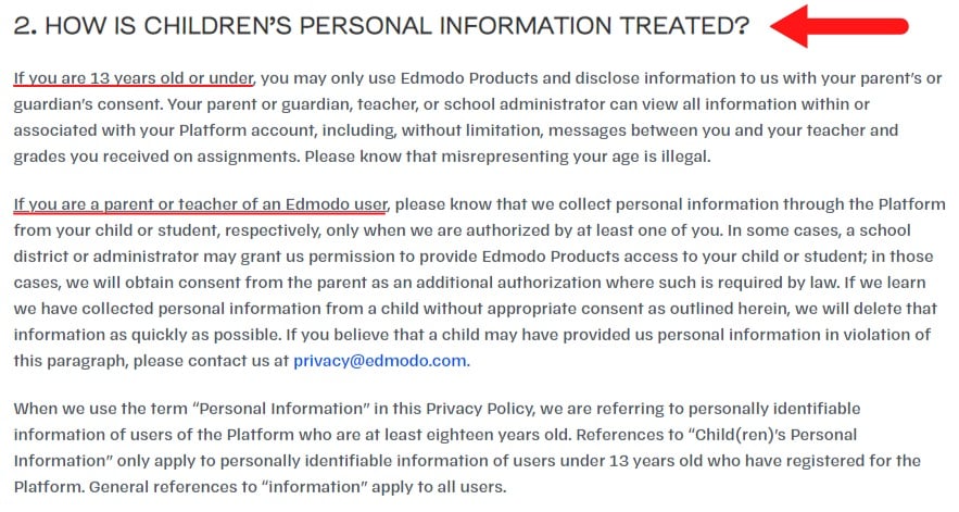 Edmodo Privacy Policy: How is childrens personal information treated clause