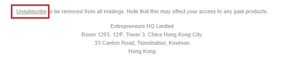Entrepreneurs HQ Limited email footer with Unsubscribe link highlighted