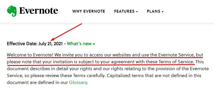 Evernote Terms of Service: Effective date and intro clause - 2021