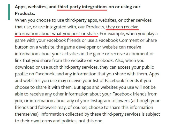 Facebook Data Policy: How Information is Shared clause - Apps, websites and third-party integrations section