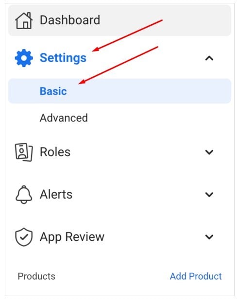 Facebook for Developers website: App Settings with Basic highlighted